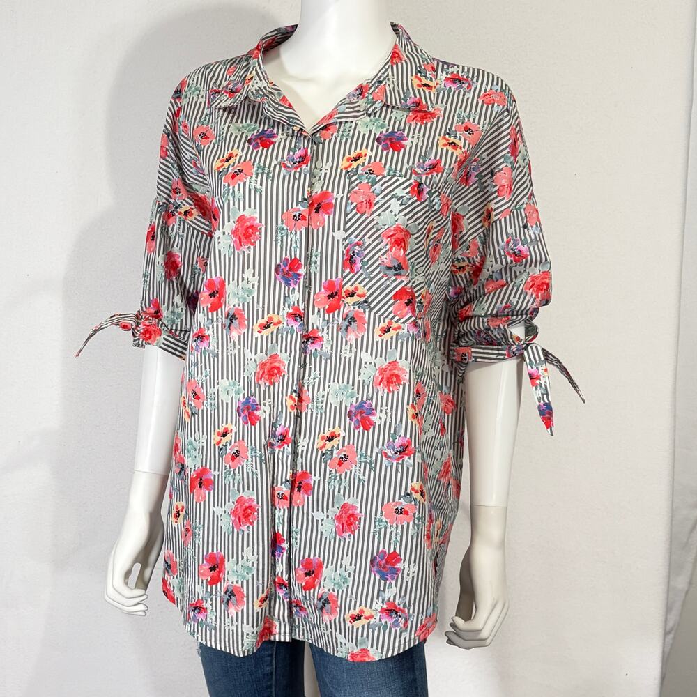 Sanctuary Button Down Shirt Womens Medium Pink Gray Striped Floral Tunic Blouse - Picture 3 of 14